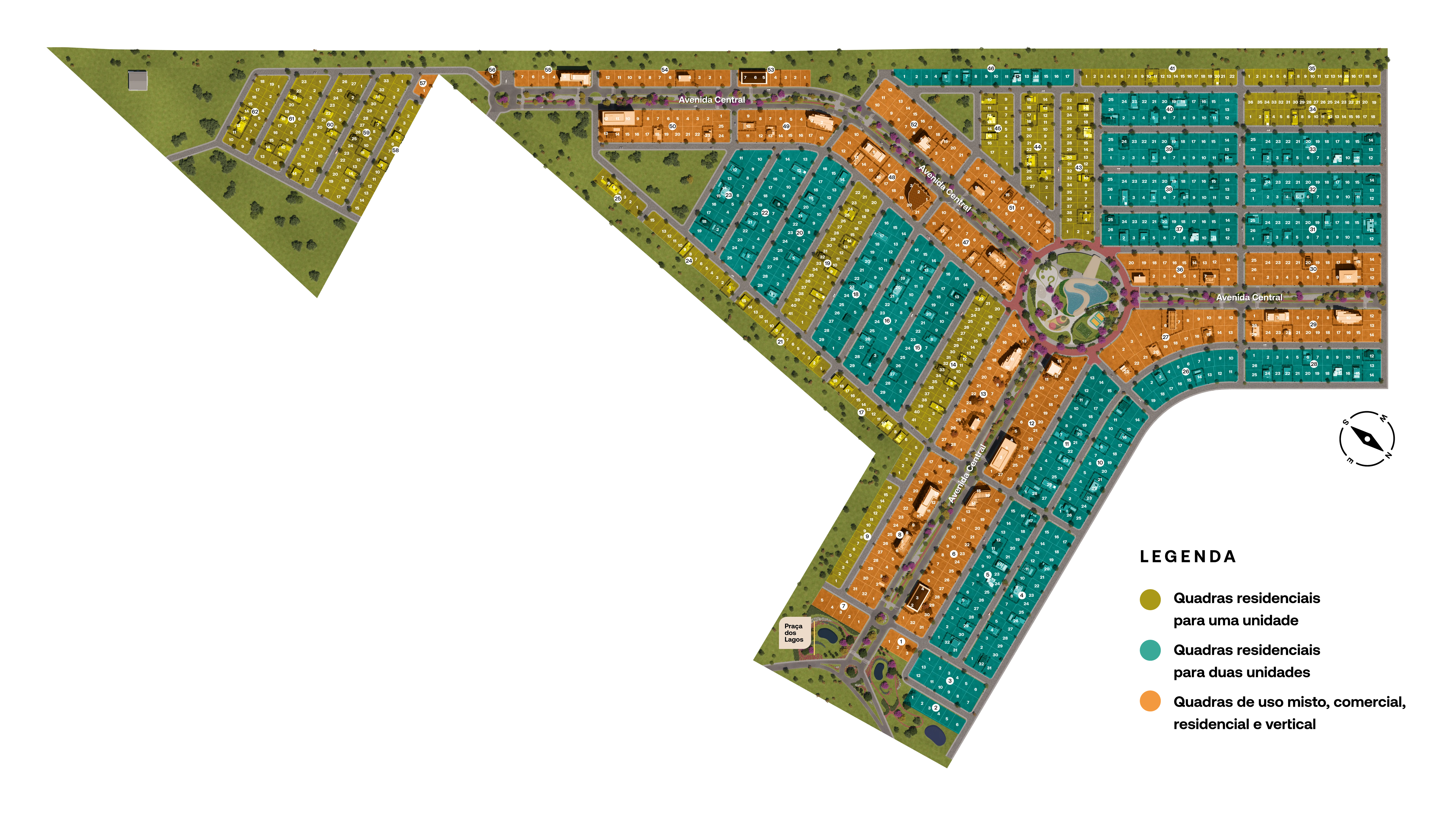 Planta do Altos de Santa Helena com quadras em círculos brancos e número sobre cada lote